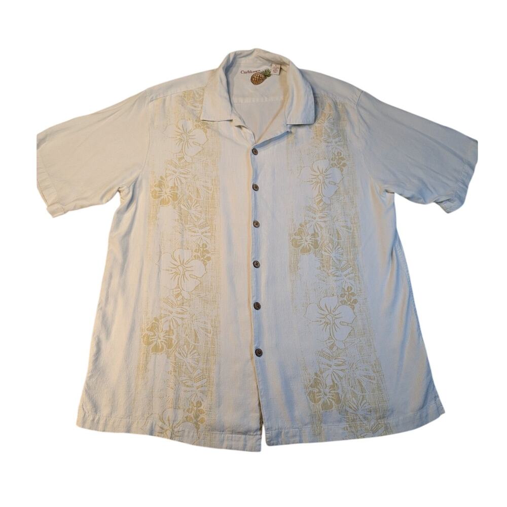 Caribbean Shirt Men L Floral Button Up Collared Short Sleeve Silk Blend Hawaiian